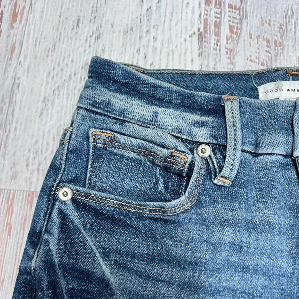 Good American Good Legs Stovepipe High Rise Jeans SIZE 00 24x28 Blue Distressed - Picture 8 of 12